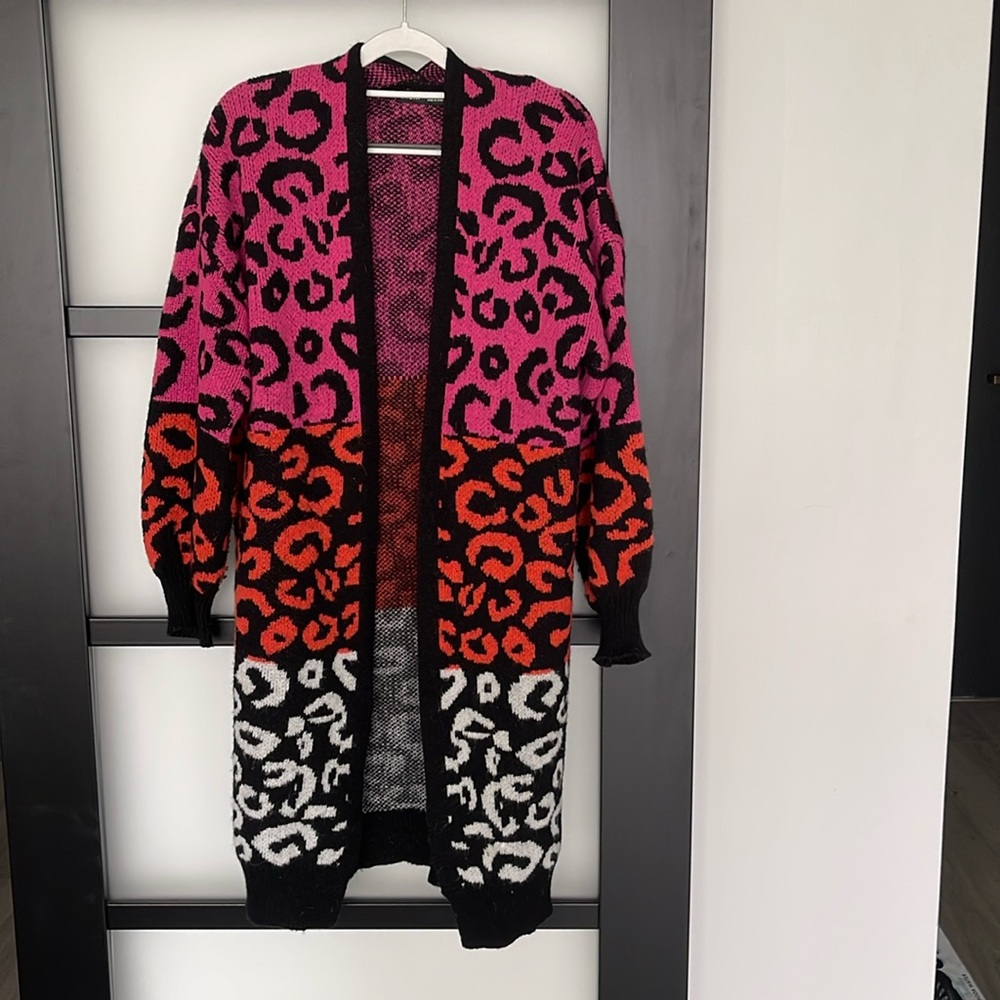 Shein Multi Colored Cheetah Long Sweater Oversized Large Pink Orange Black White